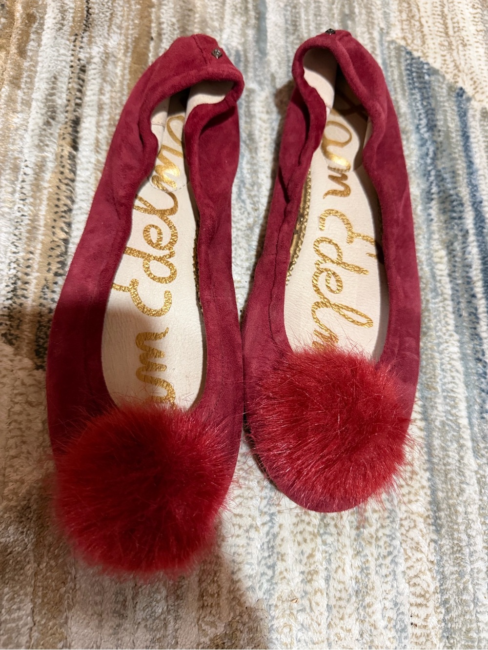 Sam Edelman Red Suede Ballet Flats with Pom Poms